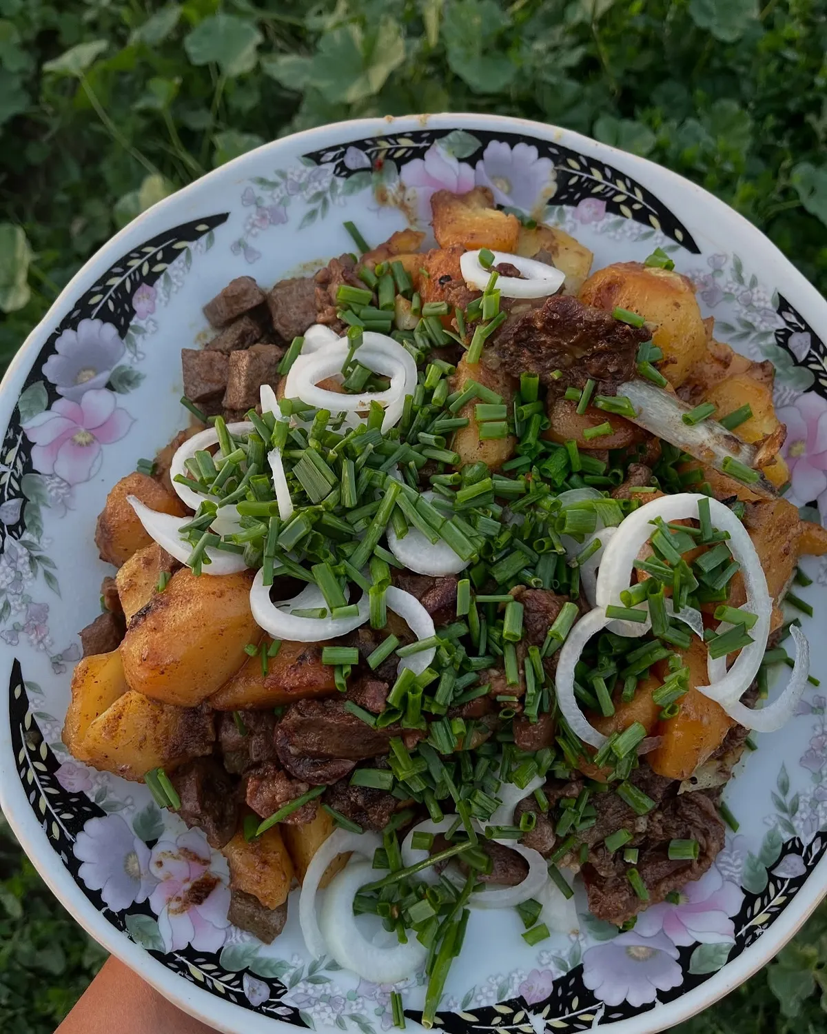 A plate of fried meat and potatoes topped with onion rings and chopped green onion
